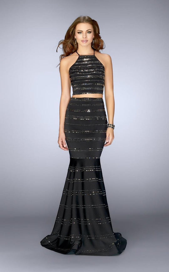 La Femme - Sparkling Halter Crop Top Long Jersey Evening Dress 24712 in Black