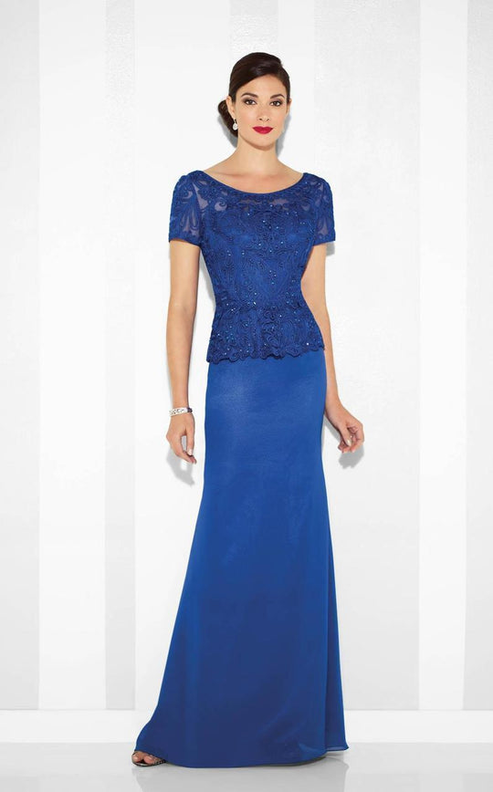Cameron Blake - Embroidered Short Sleeves Evening Dress 117609 in Blue