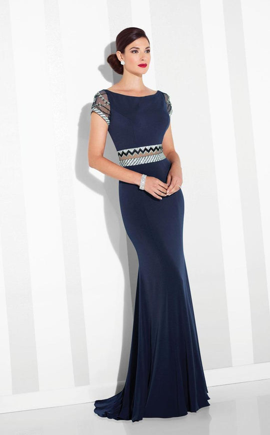 Cameron Blake - 117624 Patterned Beaded Illusion Sheath Gown In Blue