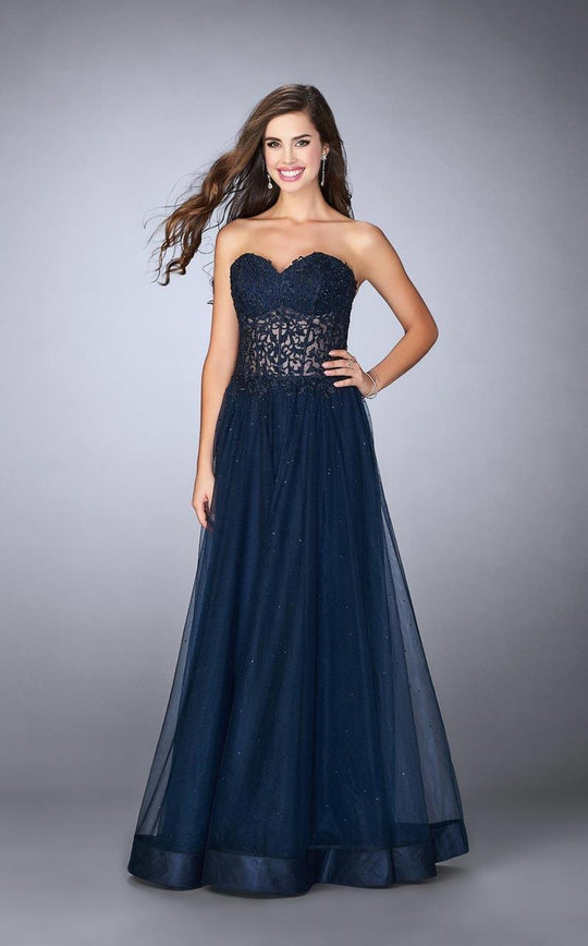 La Femme - Intricate Lace Sweetheart Illusion A-Line Long Evening Gown 22964 In Blue