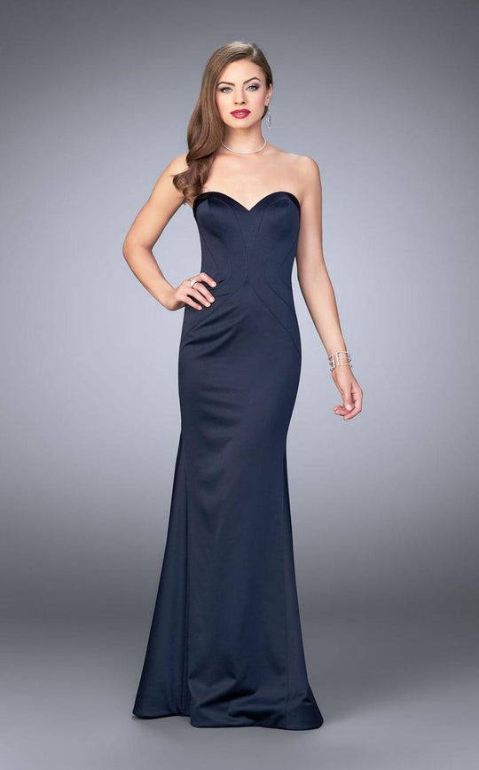 La Femme - Tuck-Sculpted Satin Sweetheart Long Evening Gown 23197 In Blue