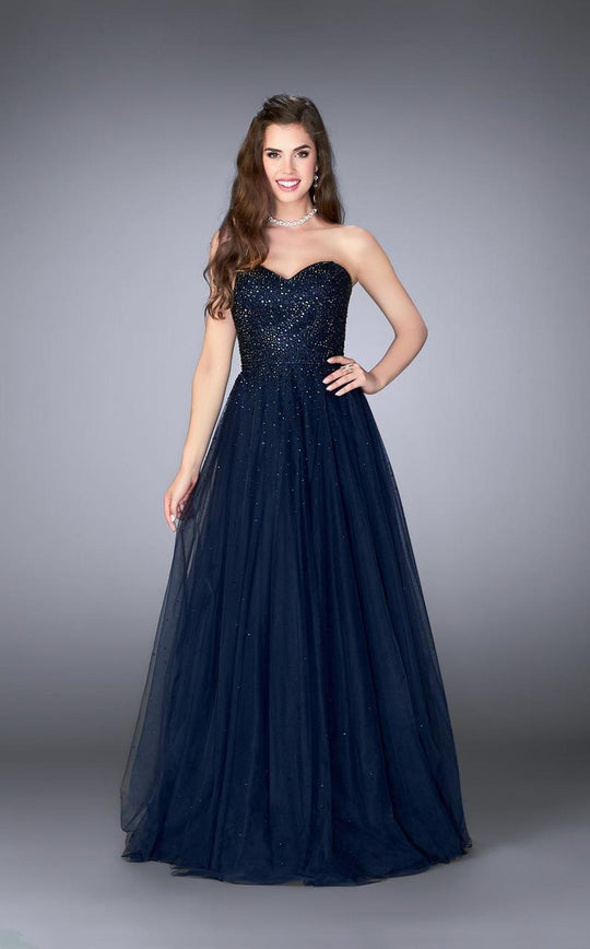 Rhinestone Detail Sweetheart Tulle Prom Dress 23228 In Blue