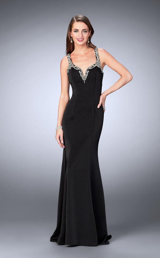La Femme - Timeless Foliage-Trimmed Sweetheart Long Evening Gown 23245 In Black
