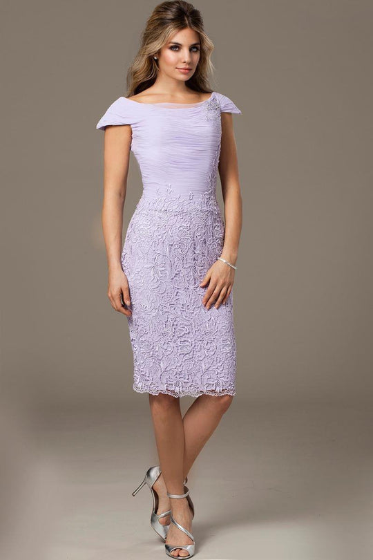 78368 Ruched Cap Sleeves Lace Cocktail Dress