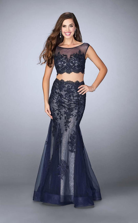 La Femme - Two-Piece Intricately Embroidered Illusion Long Evening Gown 23461 In Blue