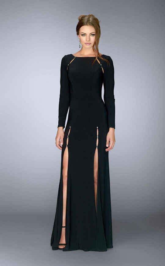 Long Sleeve Long Black Dress with Cutouts Detail 23479