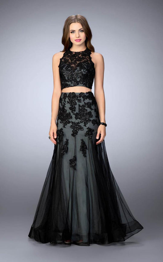 La Femme - Two Piece Halter Style Racer Back Mermaid Prom Dress 23543  In Black
