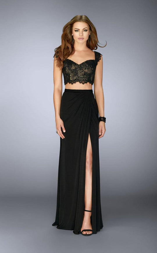 Delectable Black Lace Draped Two-Piece Evening Gown 23563.