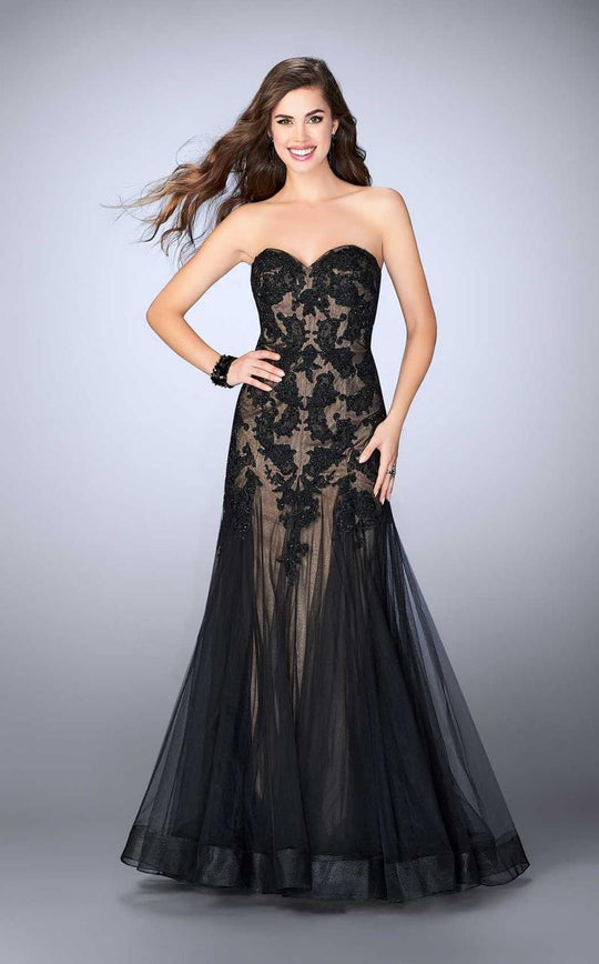 La Femme - Strapless Sweetheart Lace Bodice Open Back Prom Dress 23578 in Black