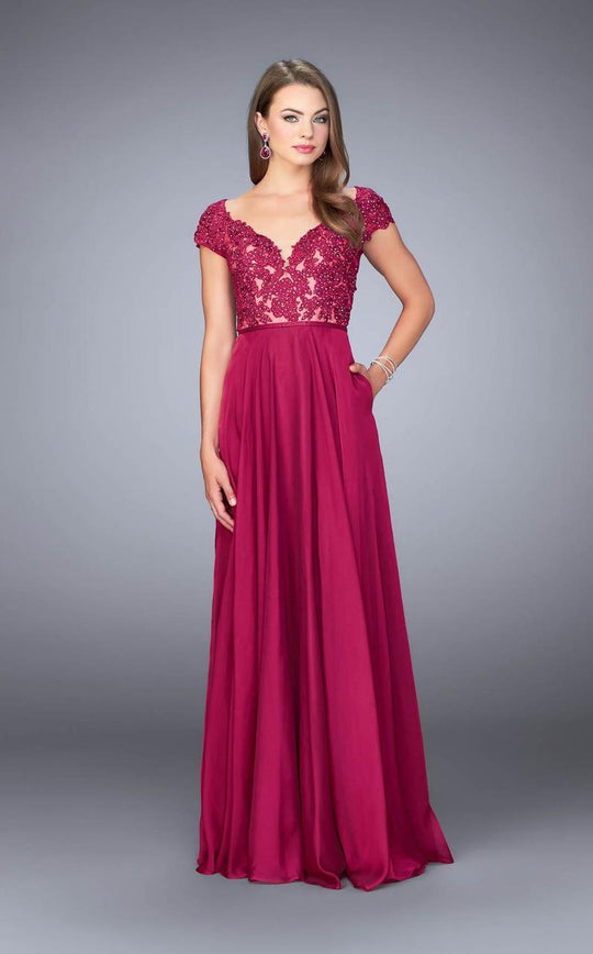 La Femme - Embellished Lace Applique Illusion Long Evening Gown 23587 In Pink