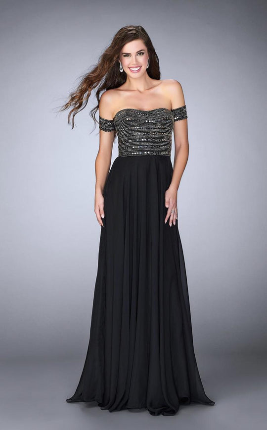 La Femme - Opulent Off-Shoulder Beaded Long Evening Gown 23644 In Black