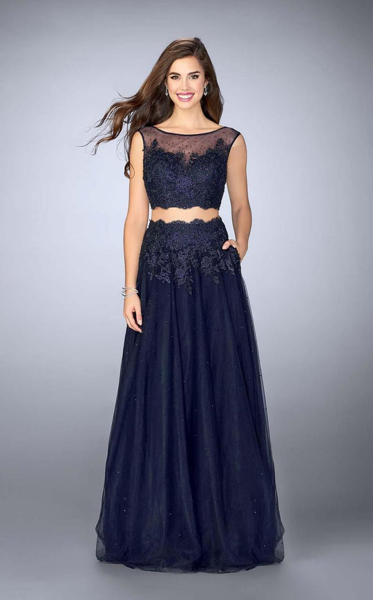 La Femme - Two-Piece Delicate Lace Bateau Illusion Long Evening Gown 23666 In Blue