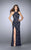 La Femme - Classy High Halter Lace Long Evening Gown with Side Slit 23708 In Blue