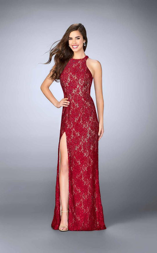 La Femme - Classy High Halter Lace Long Evening Gown with Side Slit 23708 In Red