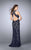 La Femme - Classy High Halter Lace Long Evening Gown with Side Slit 23708 In Blue