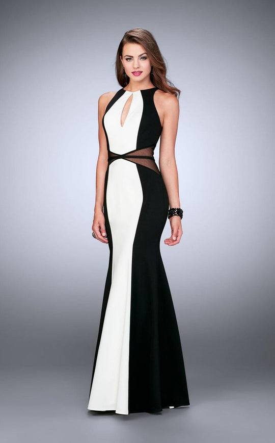 Daring Contrast Illusion Sleeveless High Neck Jersey Gown 23711