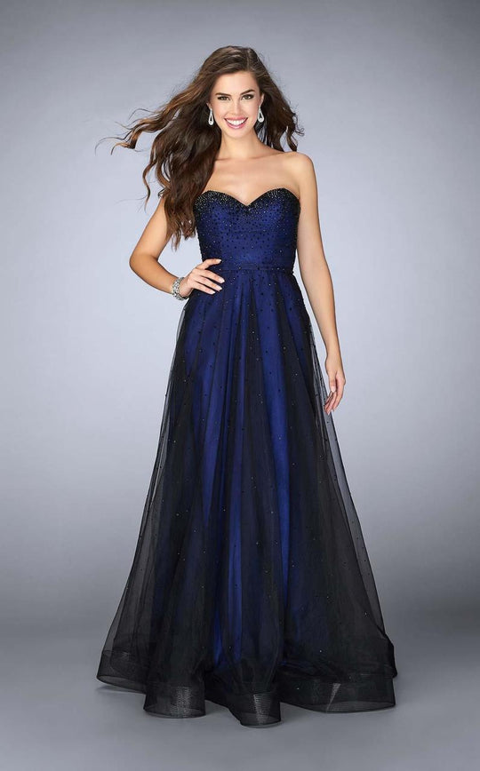 La Femme - Rhinestone-Studded Sweetheart Overlay Long Evening Gown 23723 In Black and Blue