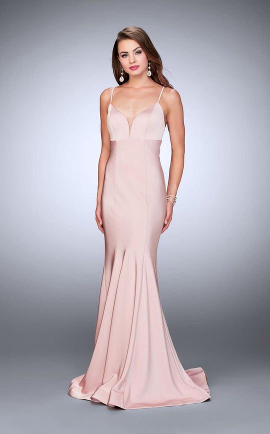 La Femme - Spaghetti Strap Deep V Neck Mermaid Prom Dress 23747 In Pink
