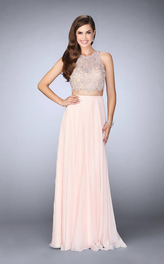 La Femme - 23775 Sleeveless Two-Piece Lace and Chiffon Gown  in Pink