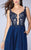 La Femme - Deep V Neck Illusion Lace Top Prom Gown 23802 in Blue