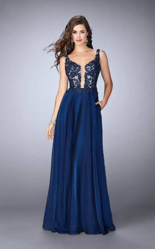 La Femme - Deep V Neck Illusion Lace Top Prom Gown 23802 in Blue