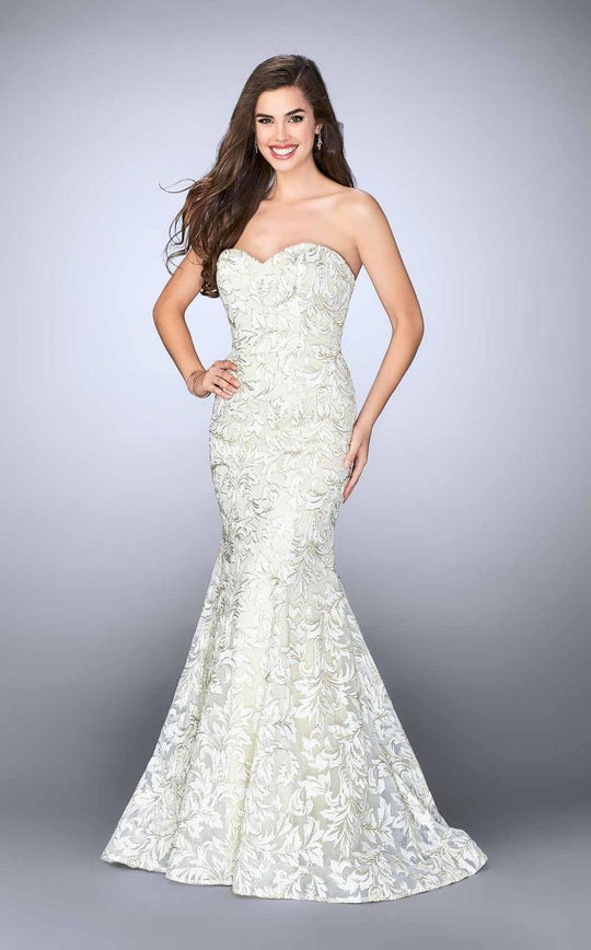 Strapless Sweetheart White And Gold Lace Mermaid Gown 23840