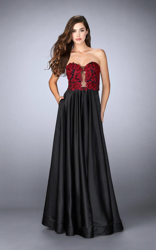 La Femme - Delicate Deep Sweetheart Illusion A-Line Long Evening Gown 23881 In Black and Red