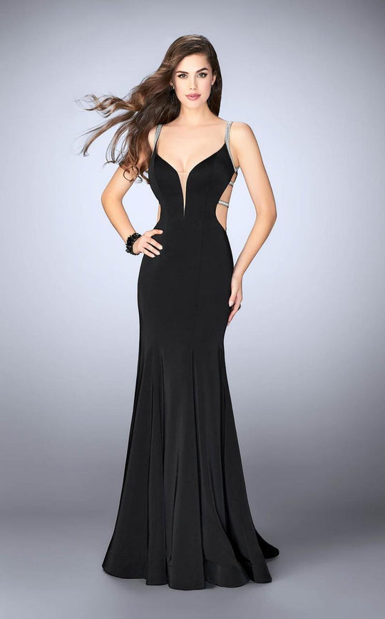 La Femme - Beaded Cutout Strappy Open Back Prom Dress 23887 in Black