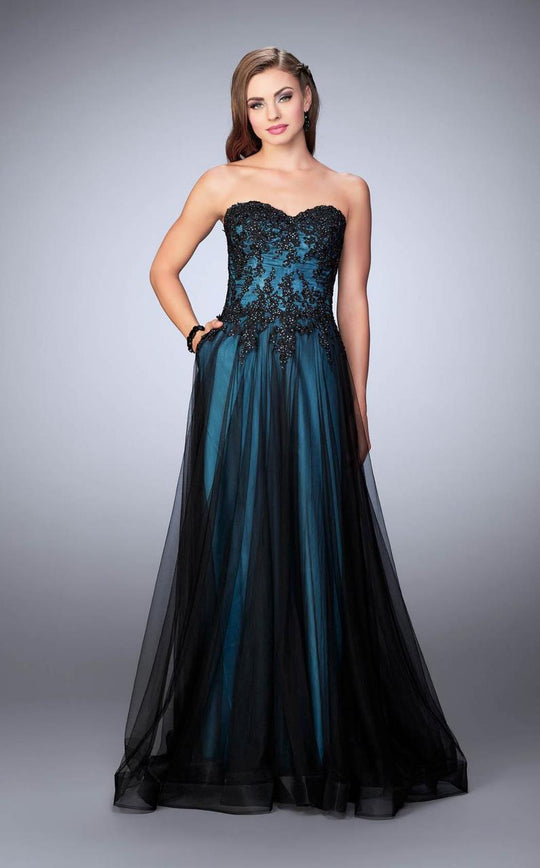 La Femme - Lavish Bead Crusted Sweetheart Tulle Long Evening Gown 23920 In Black and Blue