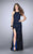 La Femme - Floral Lace Overlay with Lace- Up Open Back Prom Dress 23923 in Blue and Black