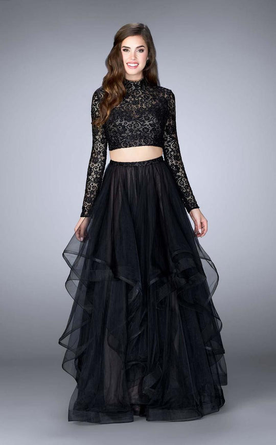 La Femme - Romantic Lace High Illusion Tiered Long Evening Gown 23924 In Black