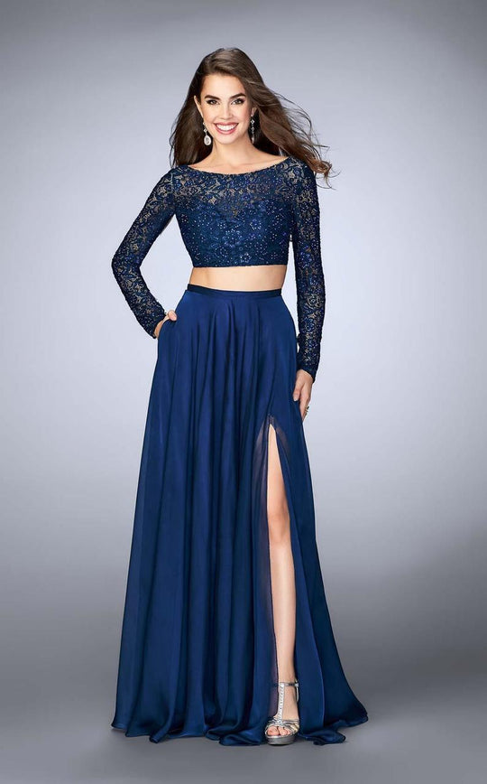 La Femme - Glamorous Two-Piece Lace Illusion Long Evening Gown 23937 In Blue