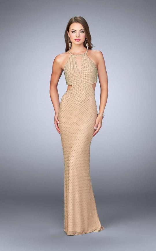 La Femme - 23941 Strappy Halter Style Beaded Prom Dress in Neutral