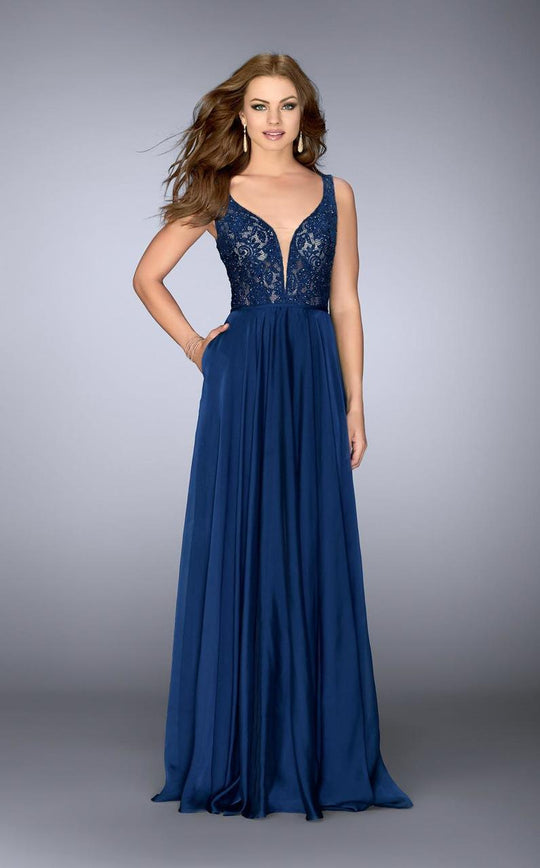 La Femme - Majestic Lace Deep Sweetheart Long Evening Gown 23964 In Blue