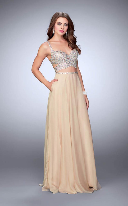 La Femme - Two-Piece Crystal Sweetheart Crisscross Long Evening Gown 23966 In Neutral