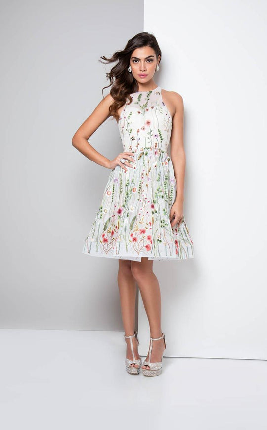 Terani Couture - Floral Jewel Neckline A-line Cocktail Dress 1711P2252 In White and Multi-Color