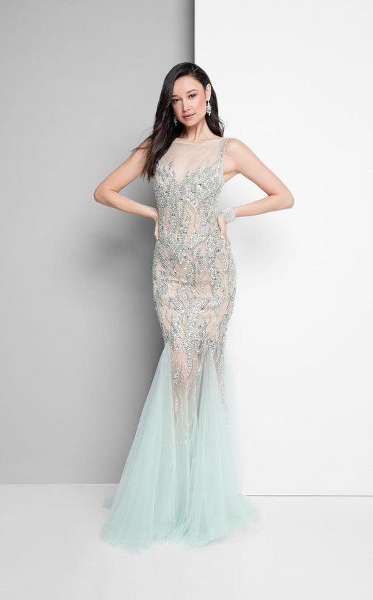 Terani Couture - Crystal Bead Embelished Tulle Godet Prom Dress 1711P2361 In Green and Neutral