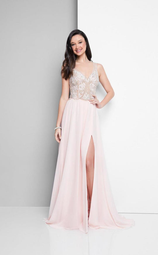 Terani Couture - Elegant Beaded and Embroidered V- Neck A-line Chiffon Gown 1711P2373 In Pink and Neutral
