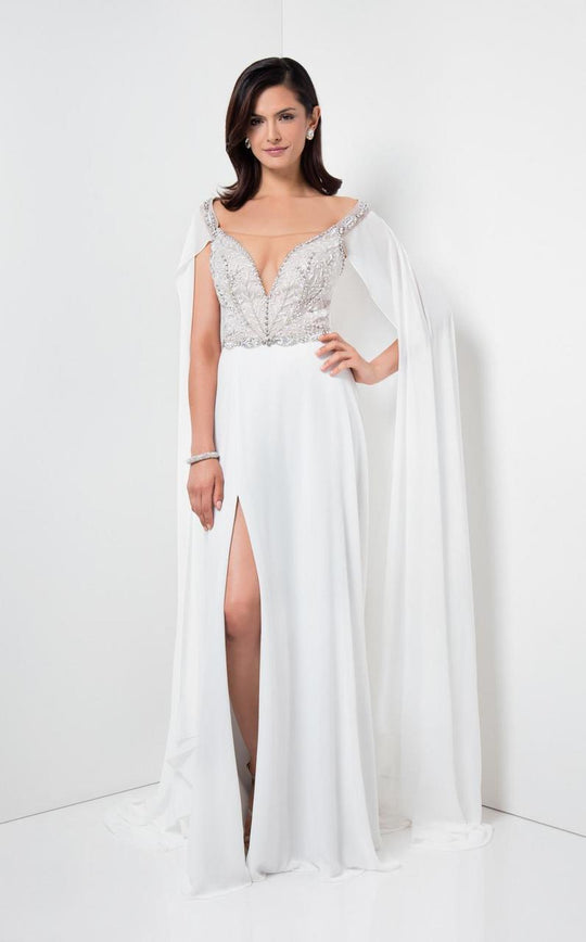 Terani Couture - Elegant Jewelled Illusion Neck Polyester A-Line Gown 1711P2382 In White and Silver