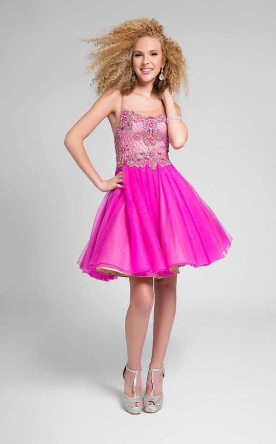 Terani Couture - Stunning Jewelled Square Poleyster Tea Length Dress 1711P2691 In Pink