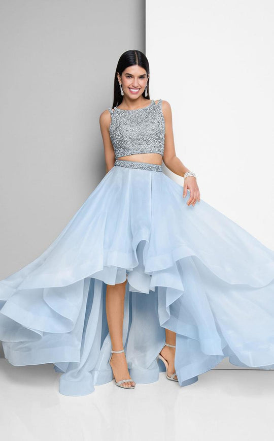 Terani Couture - 1711P2692G Jewel Festooned Ornate High Low Gown In Blue