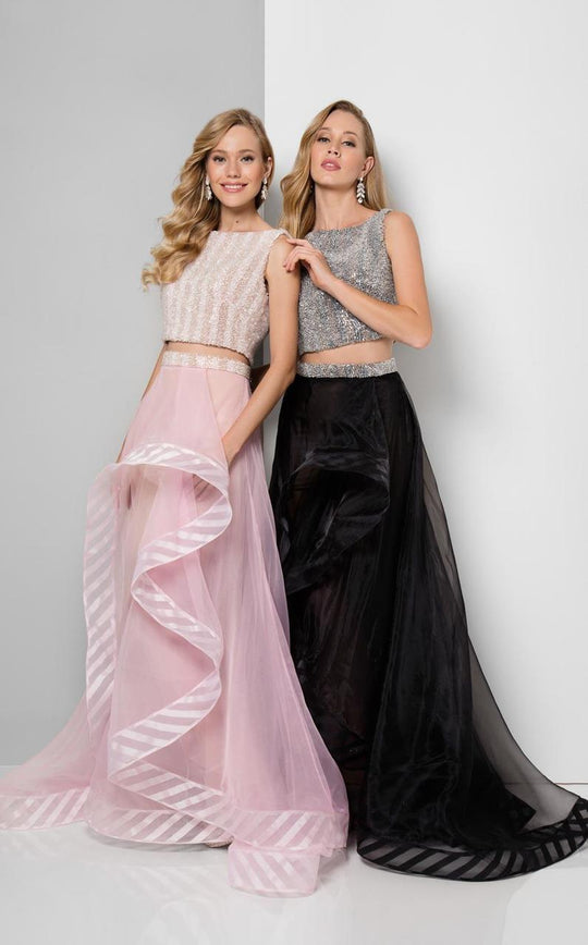 Terani Couture - Sequined Two-Piece High-Low Gown 1711P2697  In Pink and Black