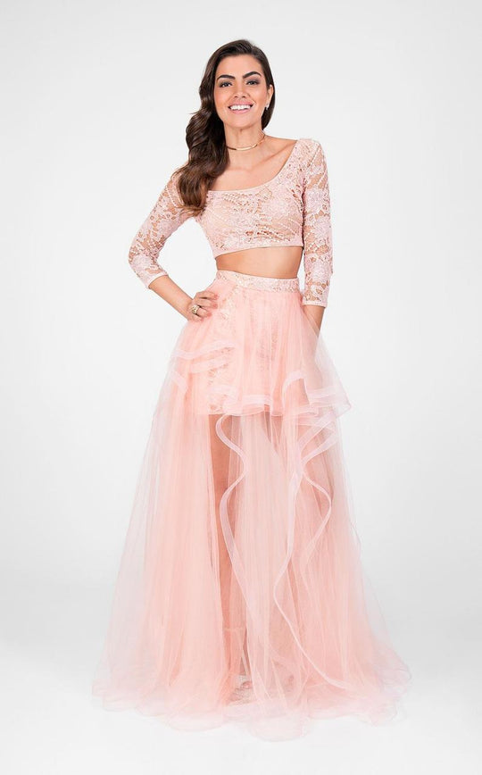 Terani Couture - Three-quarter Sleeve High-Low Prom Dress 1711P2716 In Pink and Neutral