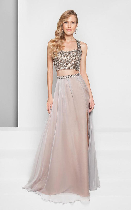 Terani Couture - Dazzling Crystalized Halter Straps Polyester A-Line Dress 1711P2719 In Silver and Neutral