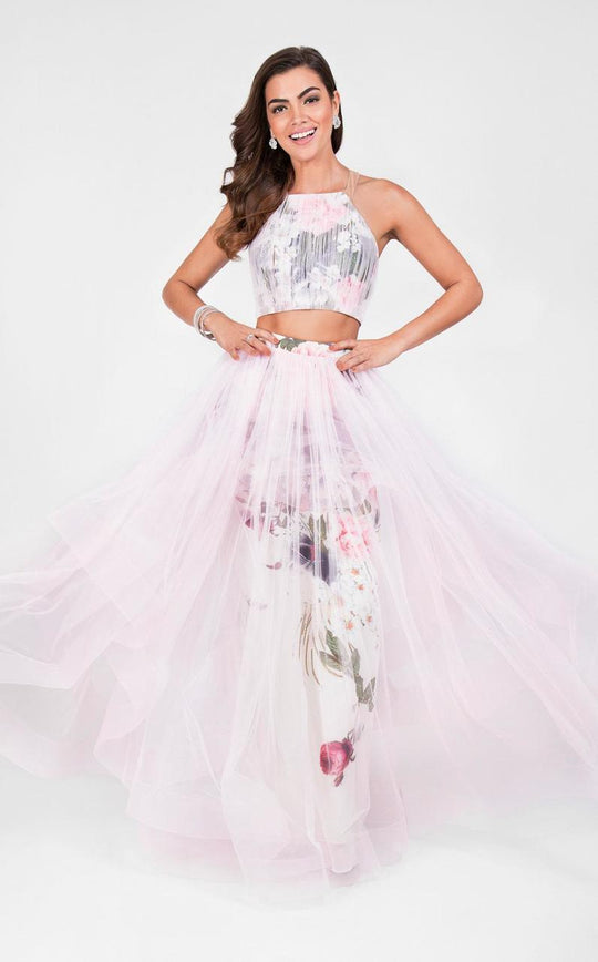 Terani Couture - Two Piece Halter Layered A-line Prom Gown 1711P2809 In Pink and Multi-color