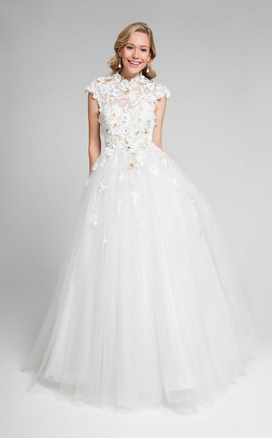 Terani Couture - Cap-sleeve Open Back Ballgown 1711P2840 In White and Gold