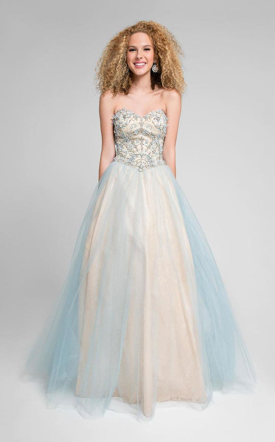 Terani Couture - Dazzling Beaded Strapless Sweetheart Polyester A-line Dress 1711P2855 In Blue and Gold