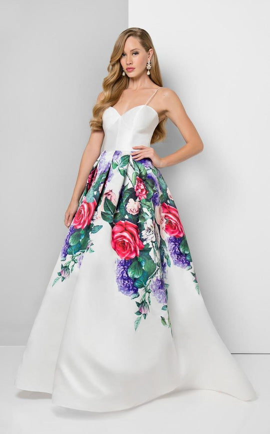Terani Couture - Sweetheart Floral Print Mikado Gown 1711P2862 In White and Multi-Color