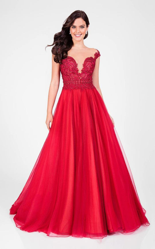 Terani Couture - Lace Accented Illusion Bodice Tulle Ballgown 1711P2864 In Red