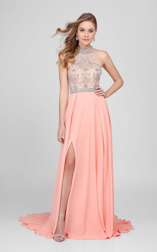 Terani Couture - Jeweled Patterned Halter Prom Dress 1712P2441 In Neutral